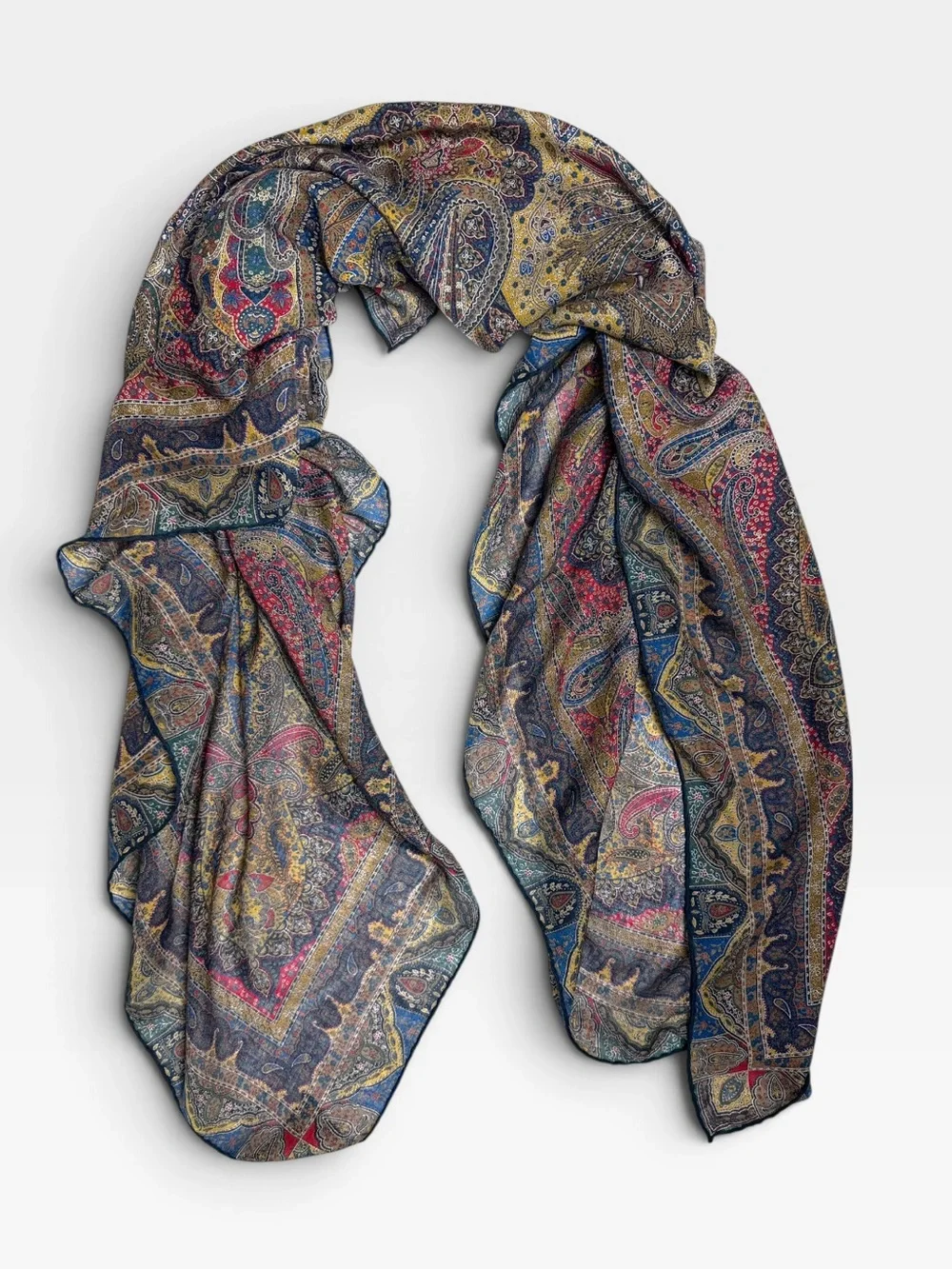 Vintage Large Wool (?) Paisley Shawl Scarf 54” Square Hand Rolled Multicolor